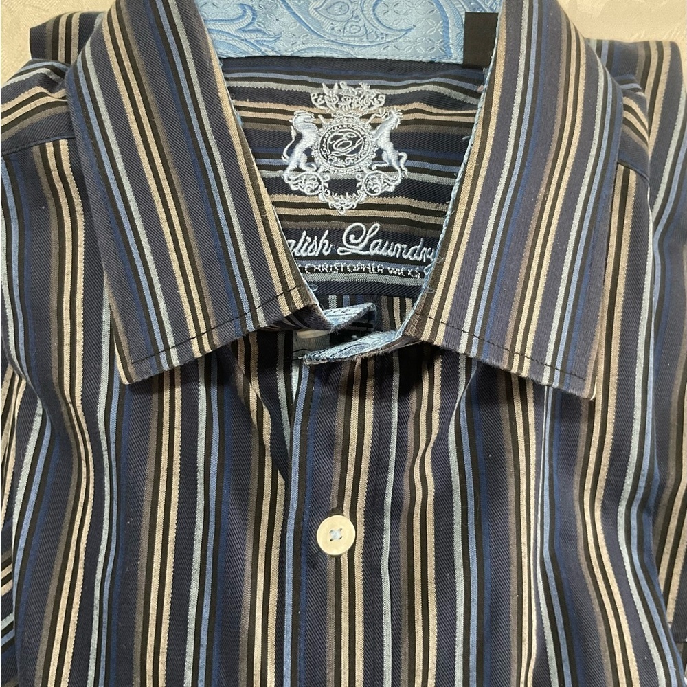 English Laundry Shirt Mens 16 32/33 Blue Striped Spread Cutaway Collar FlipCuff